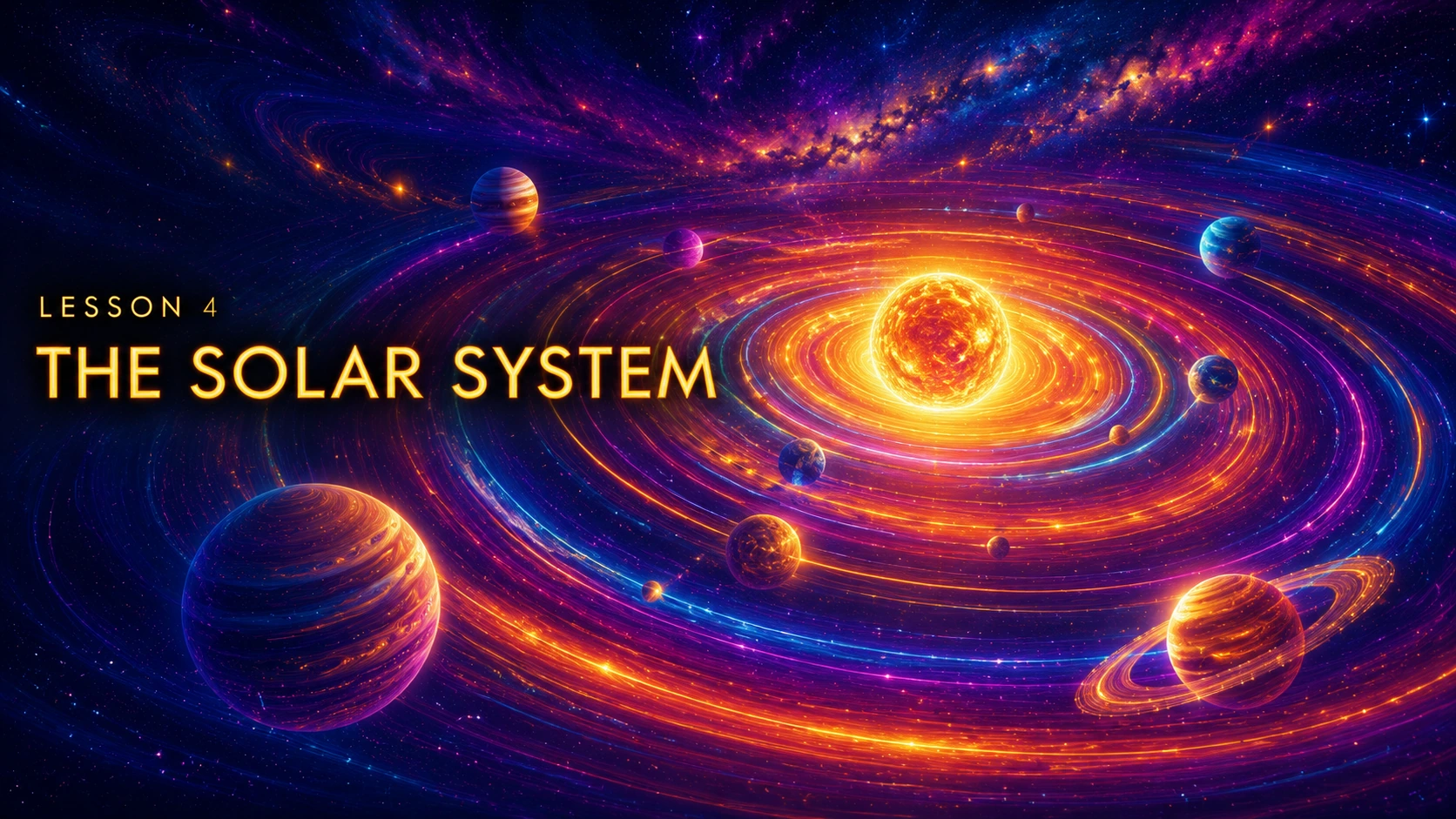 Official Lesson 4 title card, The Solar System, with an illustrated sun, planets and orbital paths.