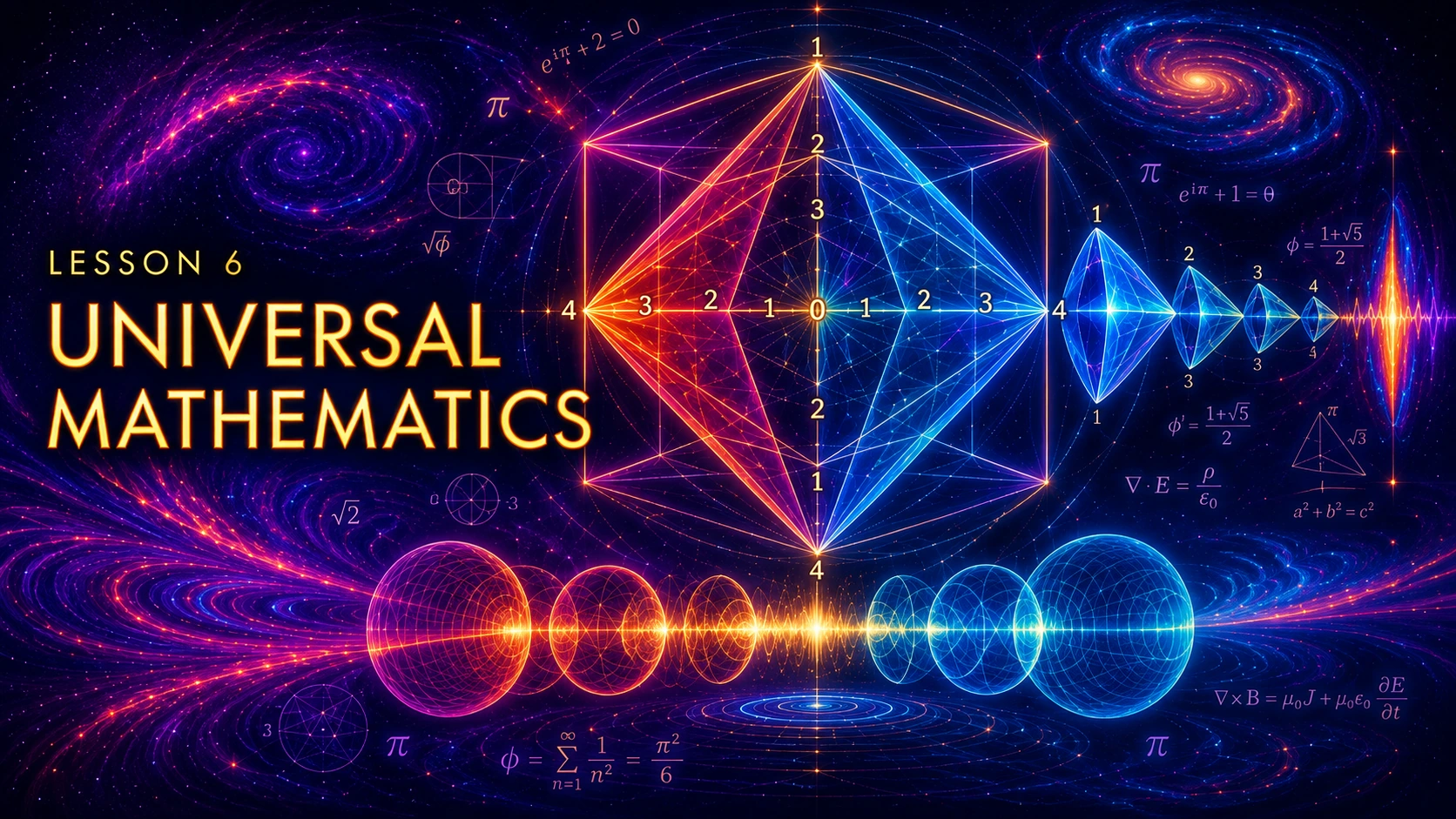 Official Lesson 6 title card, Universal Mathematics, with an illustrated geometric cube and wave forms.