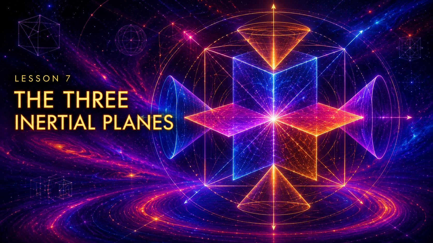 Official Lesson 7 title card, The Three Inertial Planes, with intersecting illustrated planes and a cube.