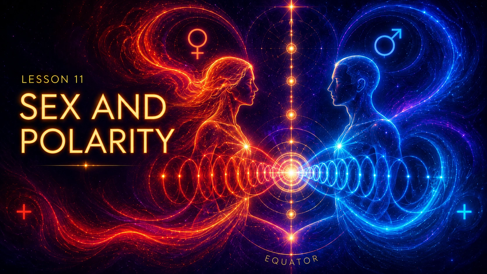 Official Lesson 11 title card, Sex and Polarity, with paired red and blue figures and opposing waves.