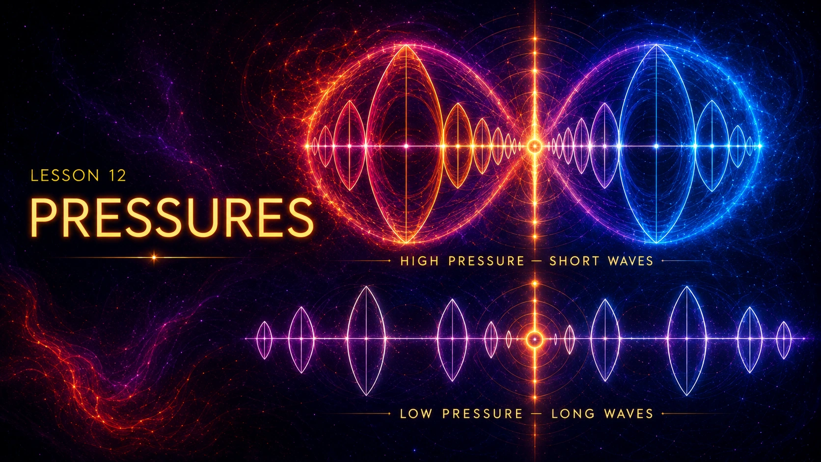 Official Lesson 12 title card, Pressures, with illustrated short-wave and long-wave patterns.